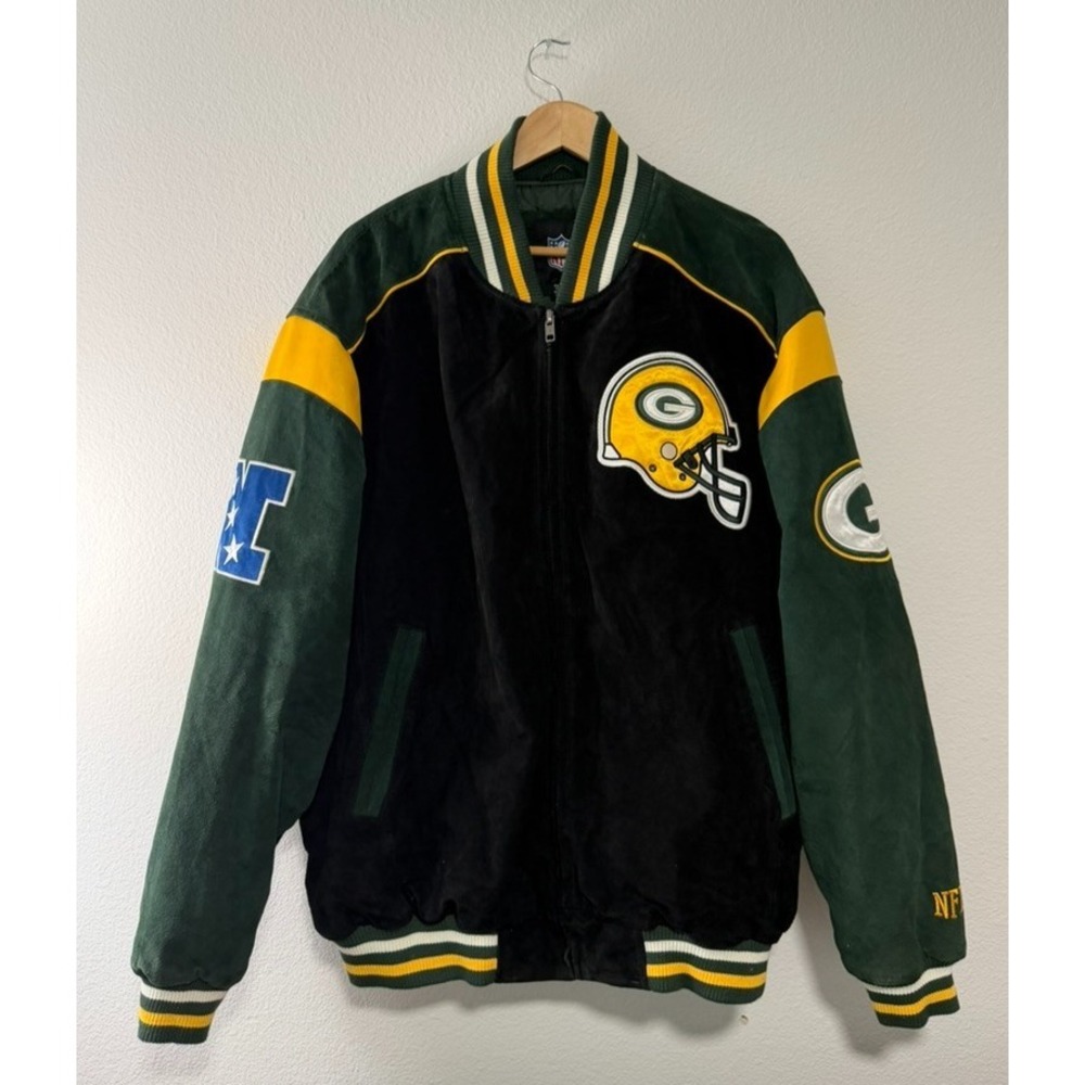 Vintage Green Bay Packers NFL Leather Jacket 2XL XXL Embroidered Bomber Coat